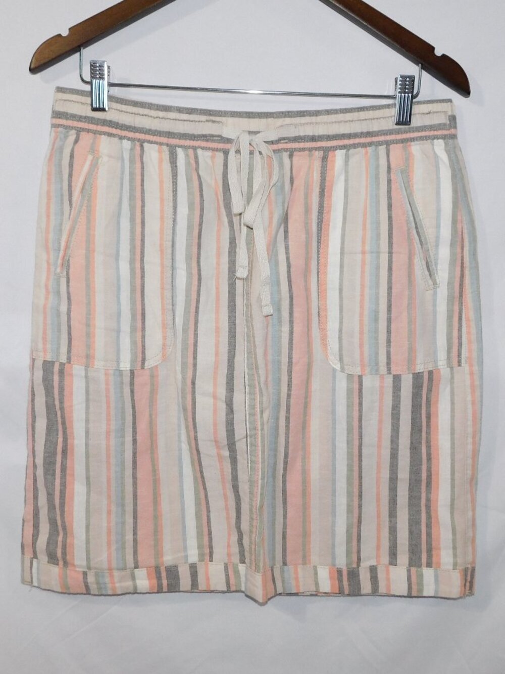 Papaya Pink Gray beige Striped Linen Blend Pull-On Skirt Drawstring Womens 12